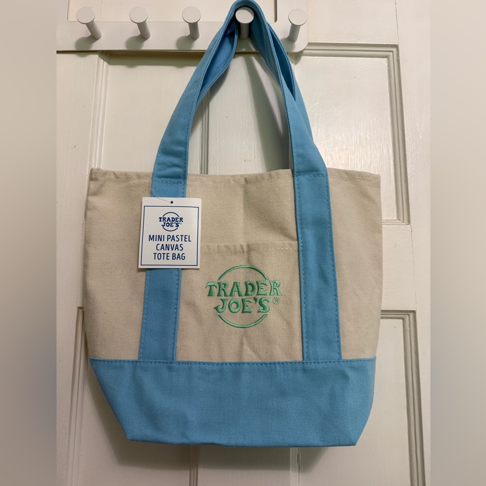 Trader Joe’s Mini Pastel Canvas Tote Bag – Blue & Cream, New with Tag